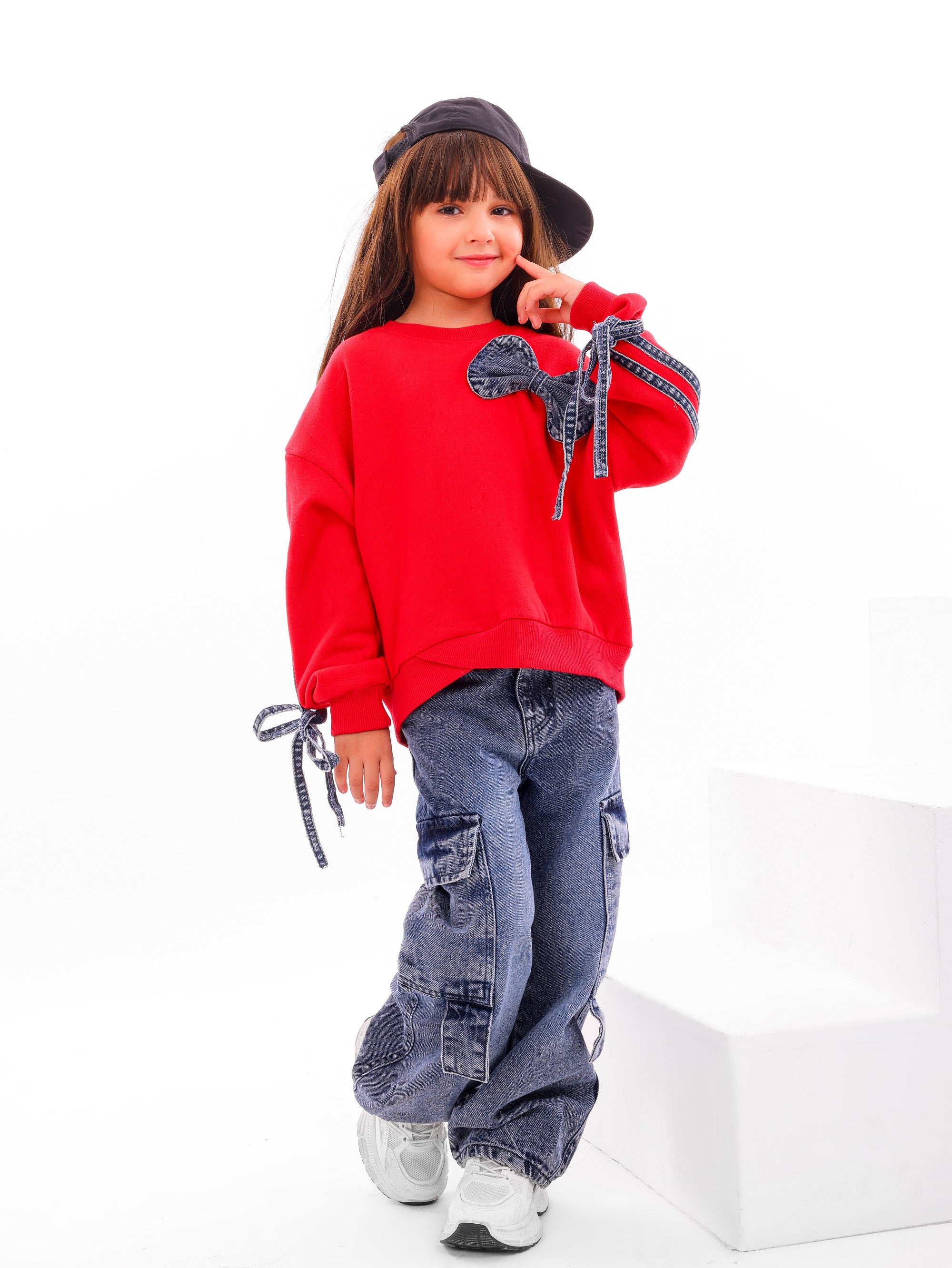 Girls’ Bow Sweatshirt & Cargo Jeans Set - Code 5003